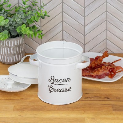 AuldHome Design White Bacon Grease Container, Enamelware Can w/ Strainer, Farmhouse Style Kitchen Storage — фото 2