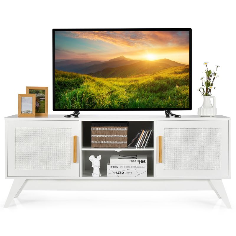 Tangkula TV Console Table with Storage for TV up to 65" Wood Entertainment Center w/Rattan Cabinets for Living Room Bedroom White, 3 of 7