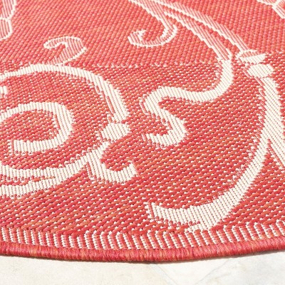 Vibrant Red Floral Vine Scroll 6'7" Round Indoor/Outdoor Rug