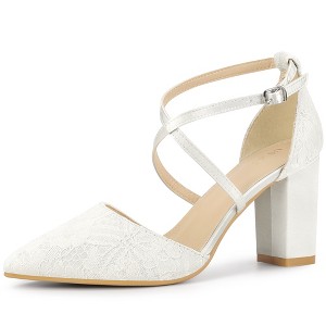 Perphy Women's Pointed Toe Criss Cross Straps Chunky Heel Lace Pumps - 1 of 3