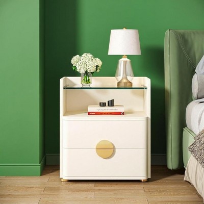 ORRD Modern White Nightstand with Glass Top, 2 Drawers & Open Shelf, Gold Handles & Legs