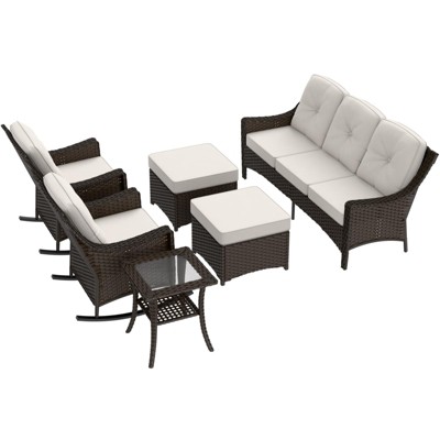 EAGLE PEAK Azure Bay 6 Pieces Wicker Outdoor Patio Furniture Set, Sofa and Rocking Chairs with Ottomans and Side Table
