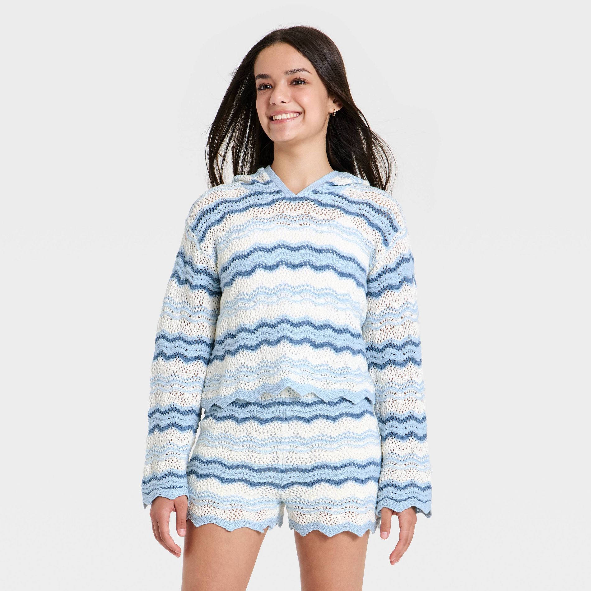 Girls' Open Work Hooded Sweater - art class™ Blue/Dogbone