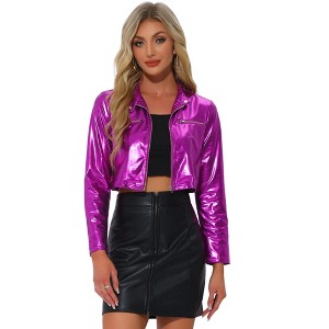 Allegra K Women's Stand Collar Metallic Zipper Cropped Party Club Long Sleeve Jackets - 1 of 4