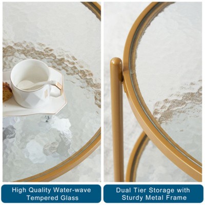 Small Matte Gold Round Coffee Table Water-Wave Glass