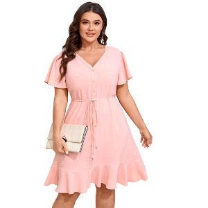 Whizmax Women Plus Size V Neck Midi Dress Button Down Short Sleeve Ruffle Casual Summer Dress - 1 of 4