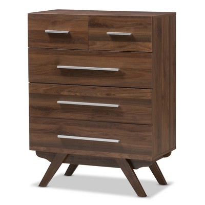 Auburn Mid-Century Modern Walnut Finished Wood 5 Drawer Chest Brown - Baxton Studio