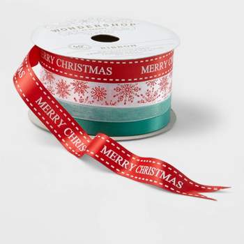 4ct End Fabric Ribbon Merry Christmas/Snowflake/Mint/Green 40ft - Wondershop™