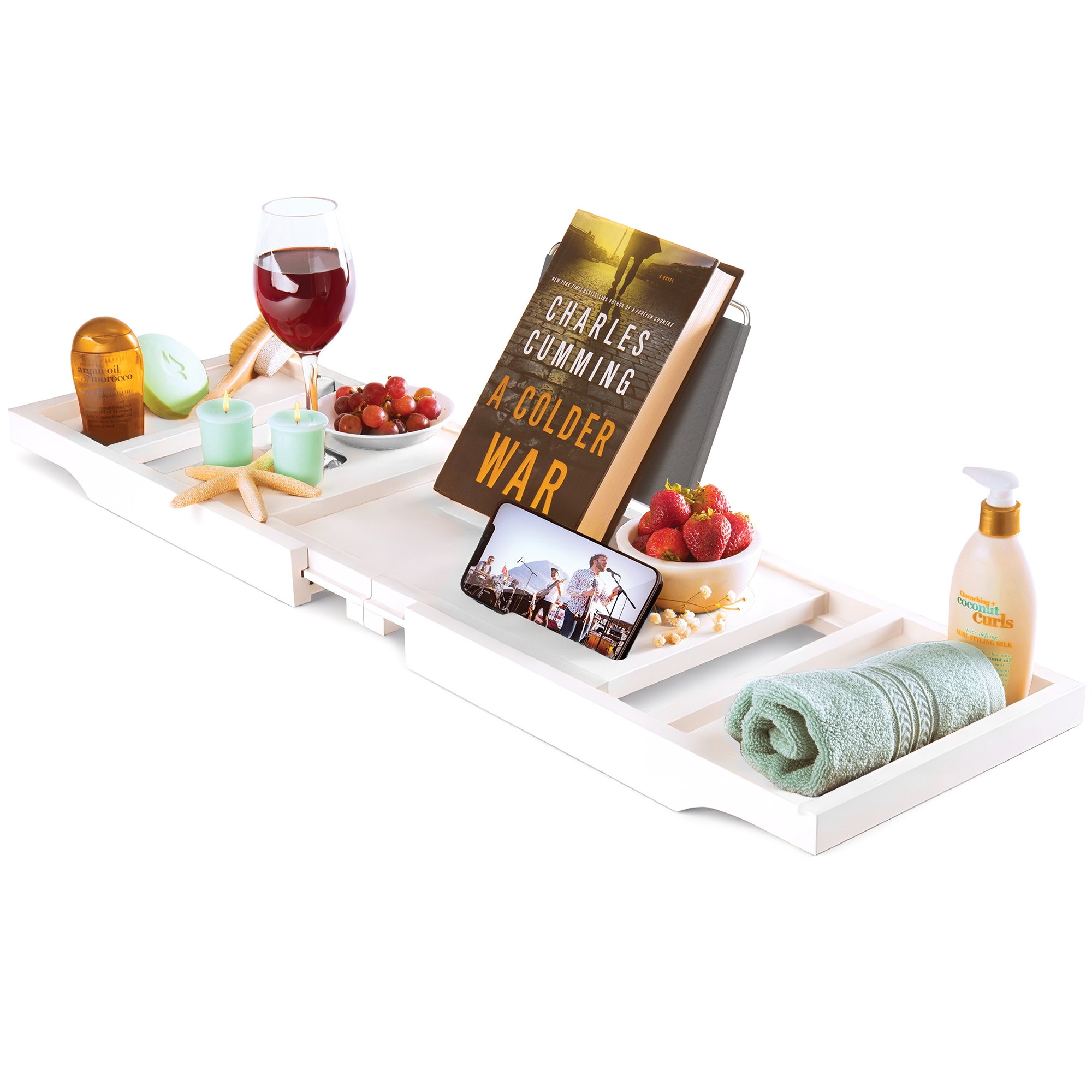 Bathtub Tray for Tub - Bamboo Expandable Bath Tray with Wine, Book & Tablet Holder - Luxurious Tub Tray, Bath Caddy, Foldable, Christmas Gift (White)