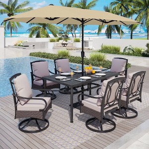 Captiva Designs 8pc Patio Geometric Pattern Rectangle Dining Table & Rattan Swivel Chairs & Beige Umbrella - 1 of 4