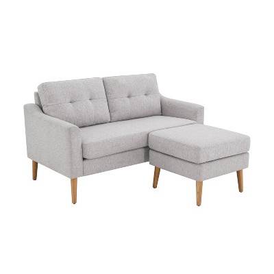 Light Gray Tufted Fabric Loveseat with Ottoman and Wood Legs