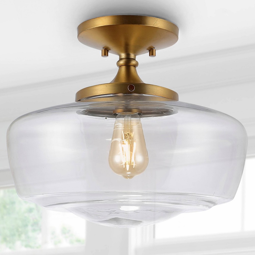 14" Marfa Glass/Iron LED Flush Mount Brass - JONATHAN Y: Schoolhouse-Inspired, Edison Bulb