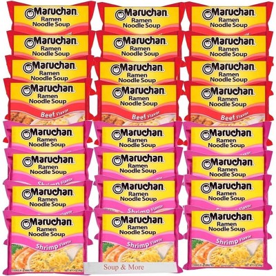 Maruchan Ramen Instant Soup Noodles 24 Count - 12 Shrimp Flavor & 12 Beef