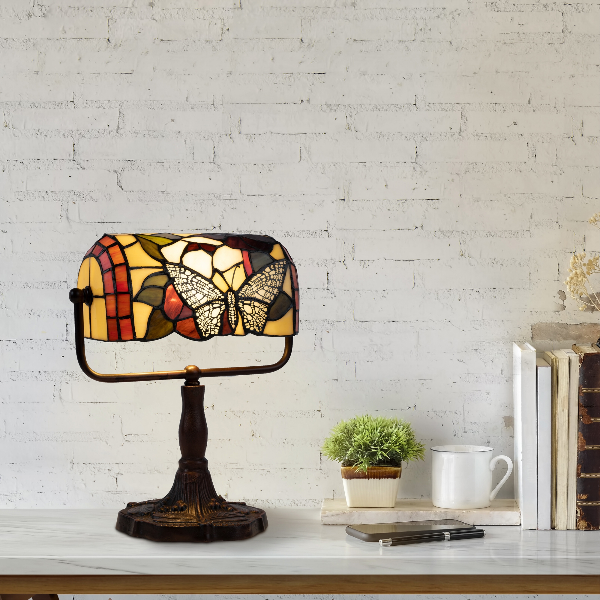 Hasting Home Tiffany Style Bankers Lamp - Stained Glass Butterfly Design Table Lamp