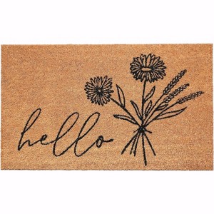 HomeRoots 24" X 36" Natural and Black Coir Floral Hello Outdoor Door Mat - 1 of 3