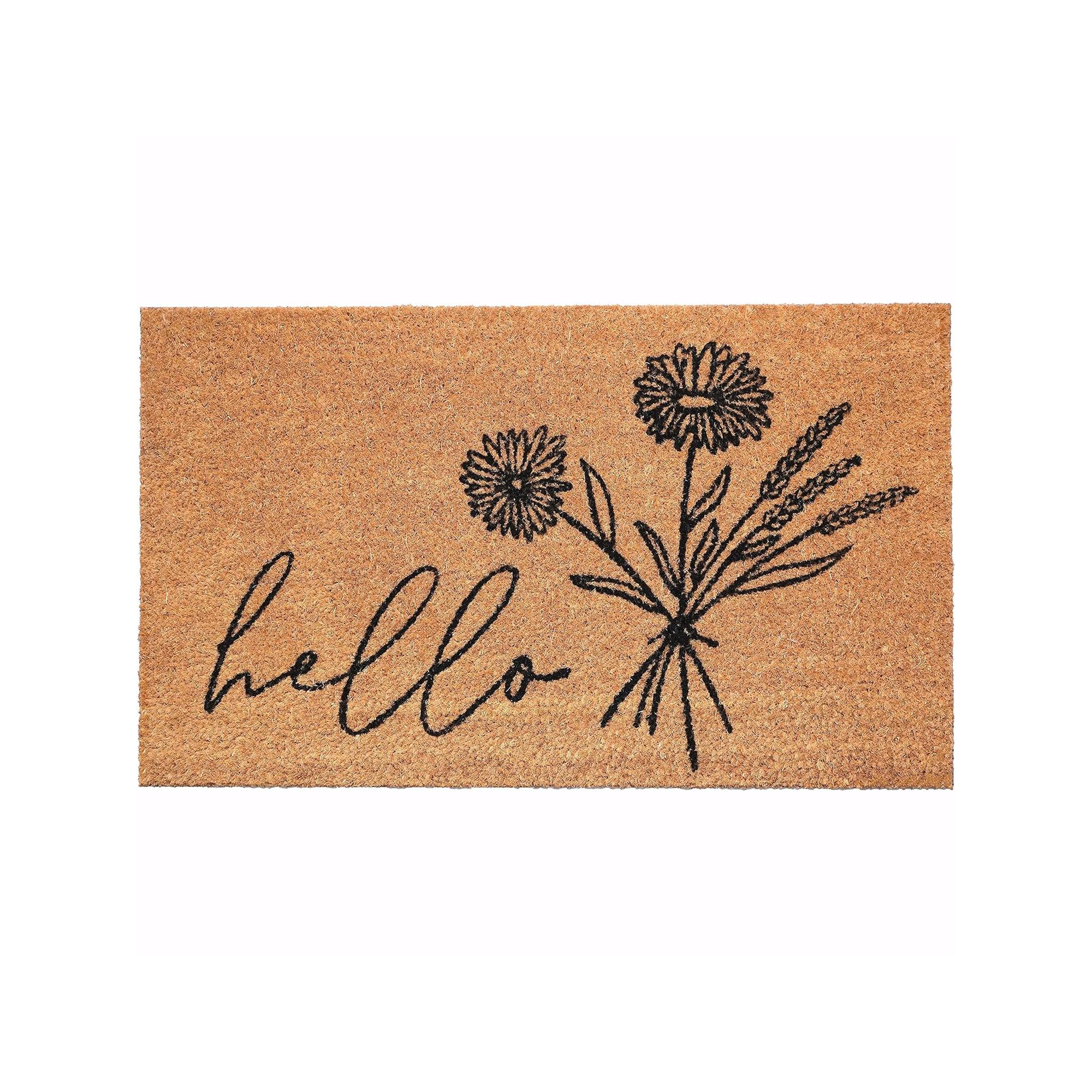 HomeRoots 24" X 36" Natural and Black Coir Floral Hello Outdoor Door Mat