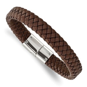 Black Bow Jewelry 12mm Stainless Steel & Brown Leather Braided Bracelet, 8.5 Inch - 1 of 4