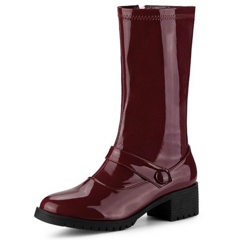 Allegra K Women s Round Toe Chunky Heels Patent Leather Mid Calf Boots Burgundy 6