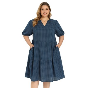 Women's Plus Size Gingham Notch Neck Puff Sleeve Tiered Pockets Midi Summer Casual Plaid Babydoll Dresses - GRACE & GRANDEUR - 1 of 4