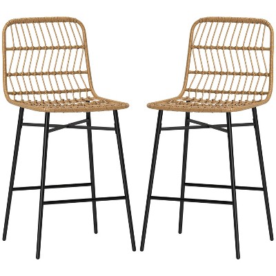 Brown Rattan Bar Stools Set of 2, 26" High Bar Stools with Backrest