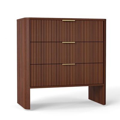 Angel Sar Fluted Nightstand with 3 Drawers, Modern Bedside Table for Bedroom , Walnut