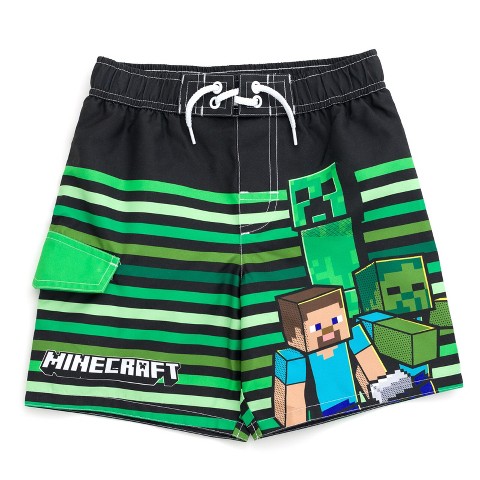 Minecraft Big Boys UPF 50+ Swim Trunks Bathing Suit Green / Black 14-16