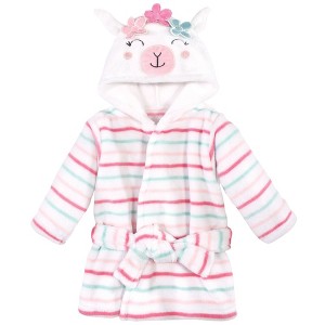 Hudson Baby Infant Girl Plush Animal Face Bathrobe, Flower Llama, 0-9 Months - 1 of 2