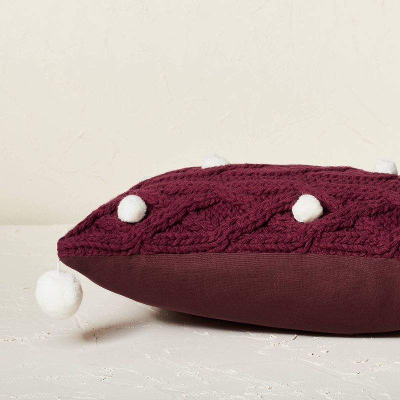 Cable Knit Square Throw Pillow with Pom Poms Burgundy - Opalhouse&#8482; designed with Jungalow&#8482;, 3 of 7