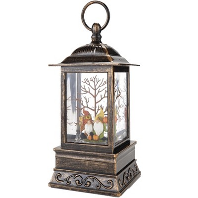 Lakeside Lighted Harvest Lantern with Gnome Motif and Swirling Faux Snow
