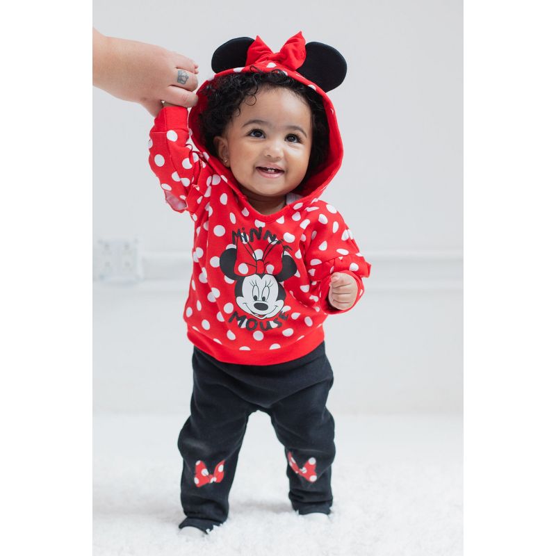 Disney Minnie Mouse Baby Girls Fleece Pullover Hoodie Bodysuit and Pants 3 Piece Outfit Set Newborn to Infant, 2 of 9