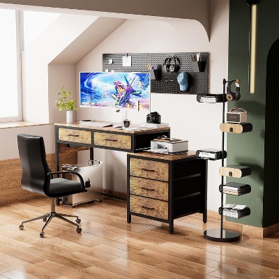 Aheaplus Home Office Desk with 5 Drawers, Reversible Computer Desk with Power Outlet,Corner Writing Desk with File Cabinet