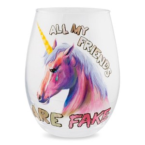 Silver Buffalo Pink Unicorn "All My Friends Are Fake" Stemless Wine Glass | Holds 20 Ounces - 1 of 4
