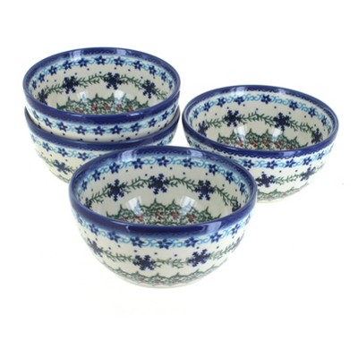 Blue Rose Polish Pottery Winter Celebration 4 PC Dessert Bowl Set