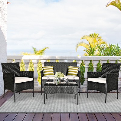 Costway 4pcs Patio Rattan Seating Set Cushioned Sofa Coffee Table