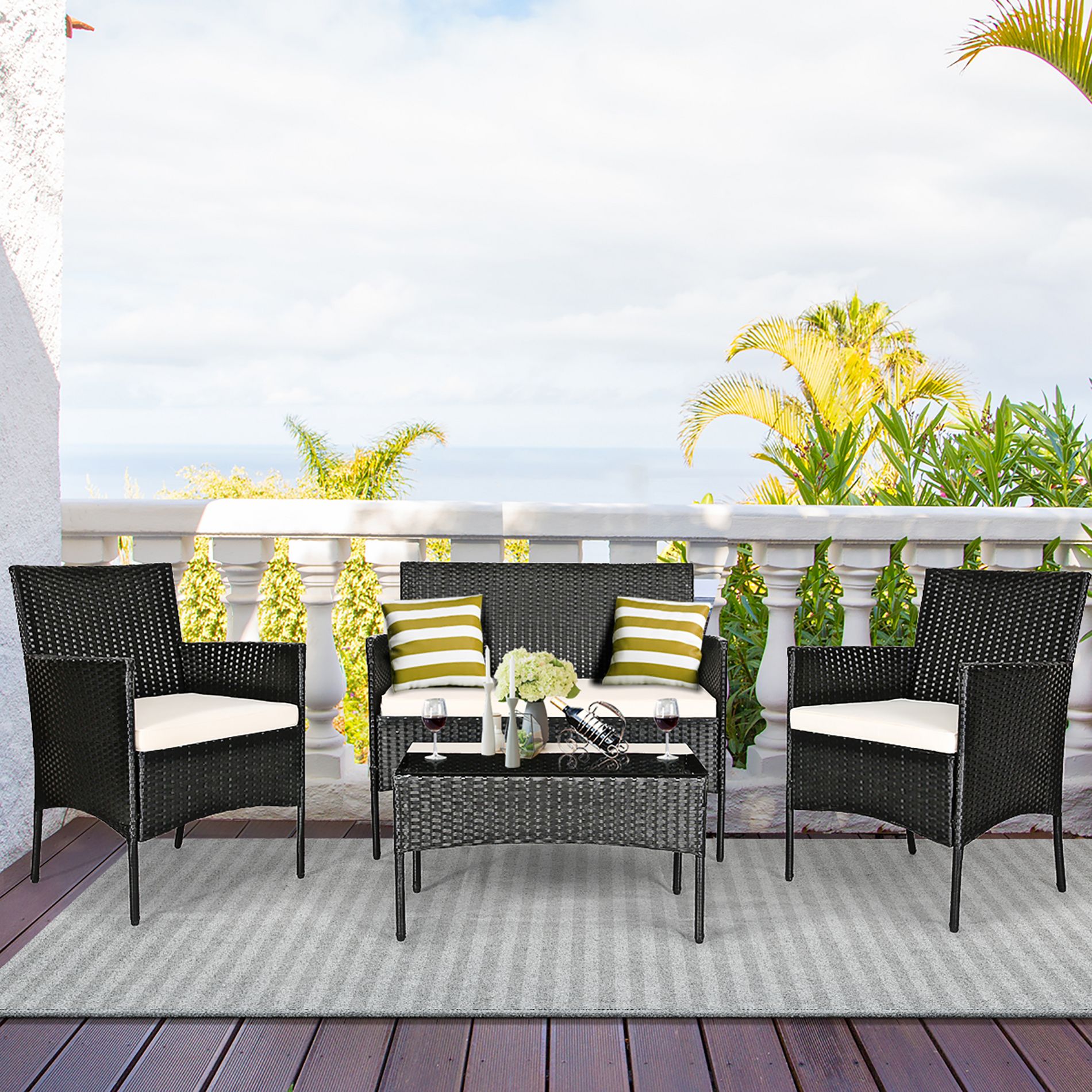 Costway 4PCS Patio Rattan Seating Set Cushioned Sofa Coffee Table Backyard Porch