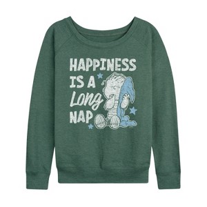 Women's - Peanuts - Linus Happiness Is A Long Nap Lightweight French Terry Wide Neck Long Sleeve Shirt - 1 of 4