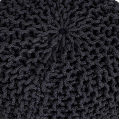 Charcoal Grey Hand-Woven Cotton Round Pouf Ottoman