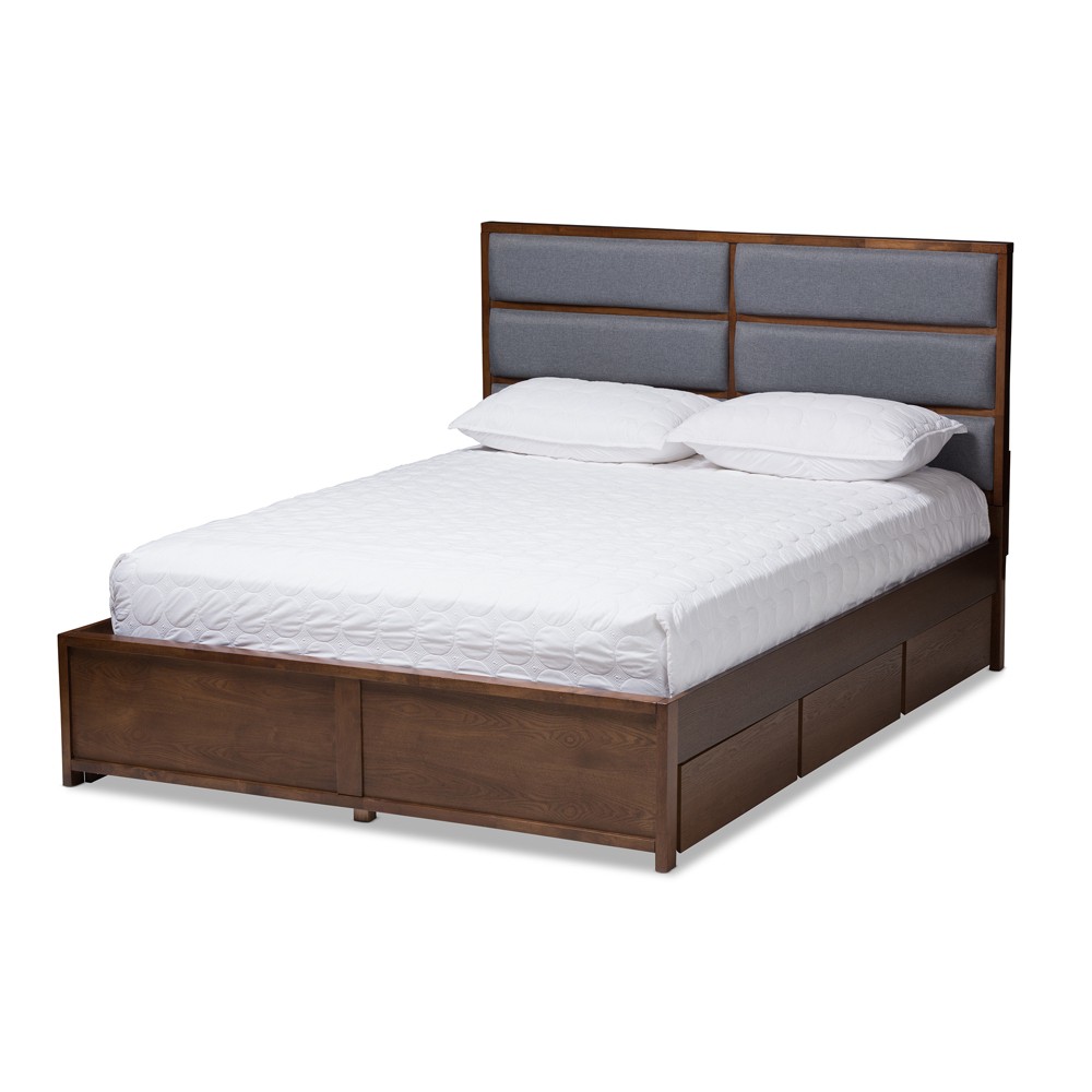 Photos - Bed Frame Queen Macey Fabric Upholstered Walnut Finished Storage Platform Bed Gray/B