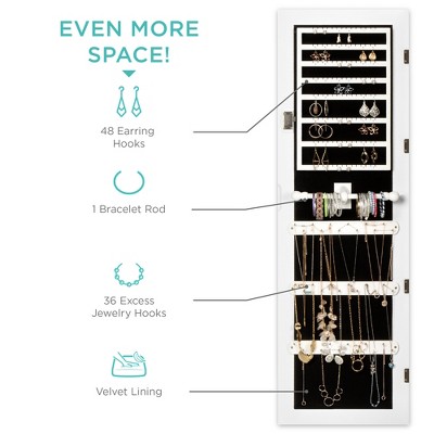 White Polished Wood Freestanding Mirror Jewelry Armoire with LED Lights