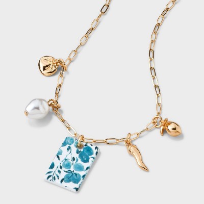 Cluster Charm Floral Tile Pendant Necklace - Universal Thread™ Gold/Blue