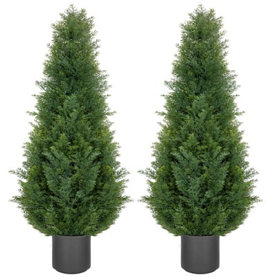 4FT Cedar Topiary Faux Pine Shrubs Artificial Cedar Tree Cypress Faux Plant with Gray Pot for Indoor Outdoor Use Porch Office Entryway Decor Set of 2