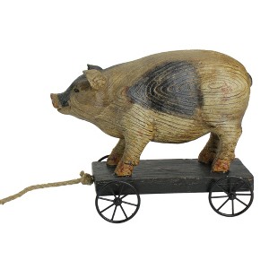 Northlight 10" Black and White Wood Textured Pig on Cart Outdoor Garden Statue - 1 of 3
