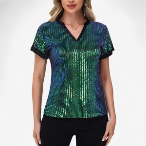 Anna-Kaci Women's Sequin Short Sleeve Top with Satin Trim V-Neckline and Rolled Cuffs - 1 of 4