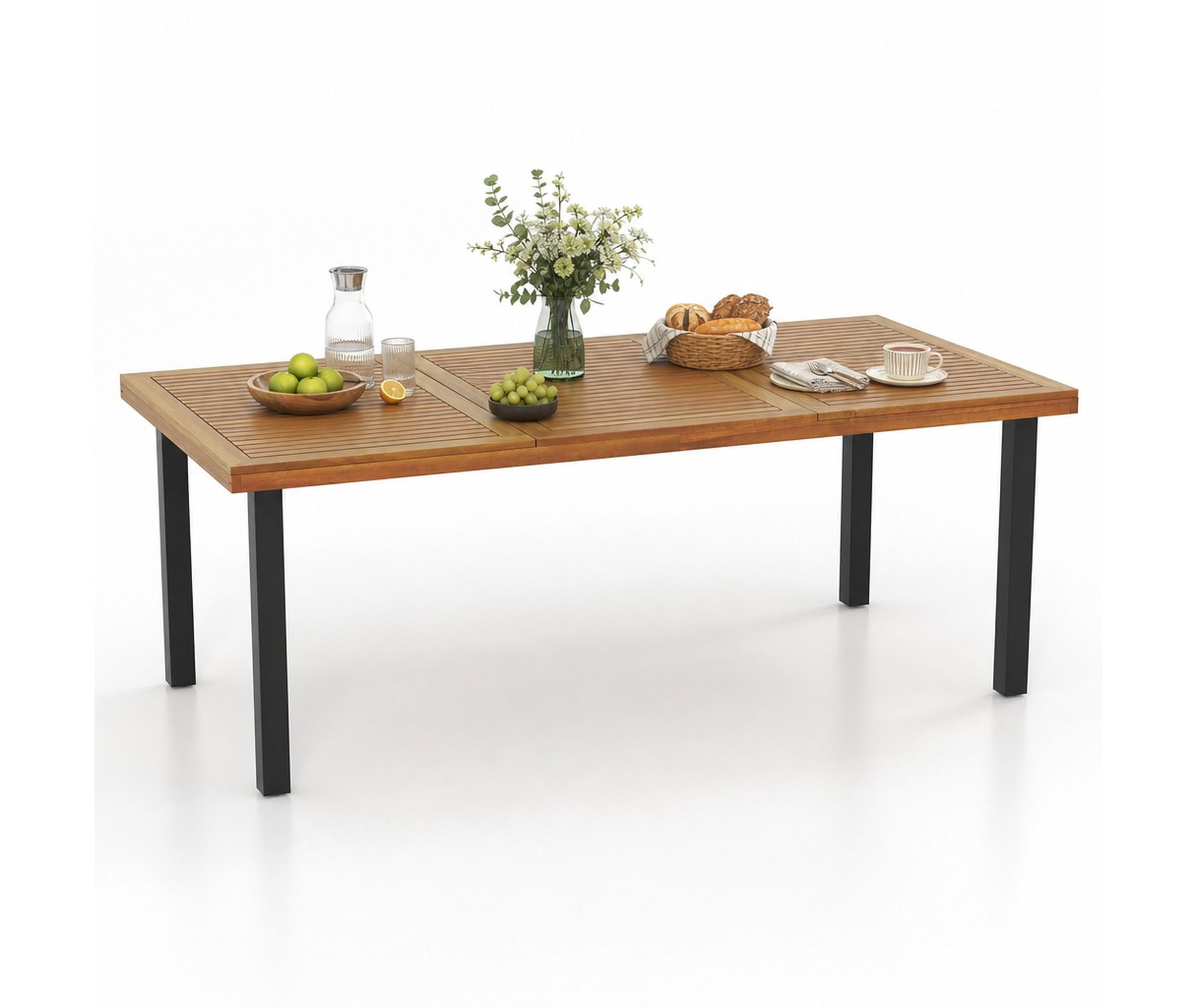 79 Inch Acacia Wood Outdoor Dining Table for 8 with 1.9 Inch Umbrella Hole and Adjustable Foot Pads, Natural and Black