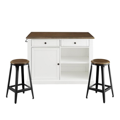 Tileon Cream White Kitchen Island Set w/ 2-Stools Rustic Wood