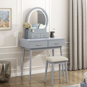 Beautiful Gray Finish Vanity Dresser with Mirror and Stool Set Storage Drawers Luxury Furniture 1pc LED Mirror - 1 of 1
