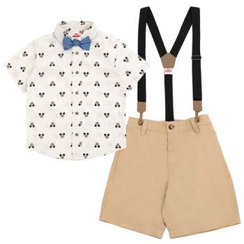 Disney Mickey Mouse Button Down Shirt Twill Pants Suspenders and Bow-Tie 4 Piece Outfit Set Infant to Little Kid