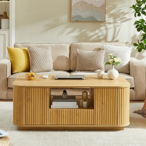 QingMoon Fluted Coffee Table, Modern Wood Center Table with Drawers and Storage Compartments for Living Room, Office - 1 of 4