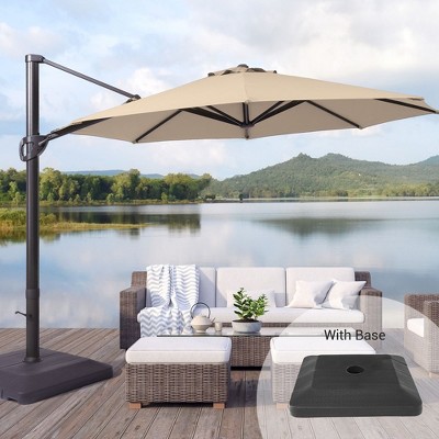 Sonkuki 11FT Outdoor Cantilever Patio Umbrella w/Base and Aluminium Pole, 360° Rotation and Infinite Canopy Angle Adjustment