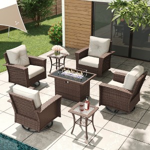 LayinSun Wicker Patio Furniture Set with Fire Pit Table, Classis Outdoor Conversation 360 Degree Swivel Chairs Set with Coffee Table - 1 of 4